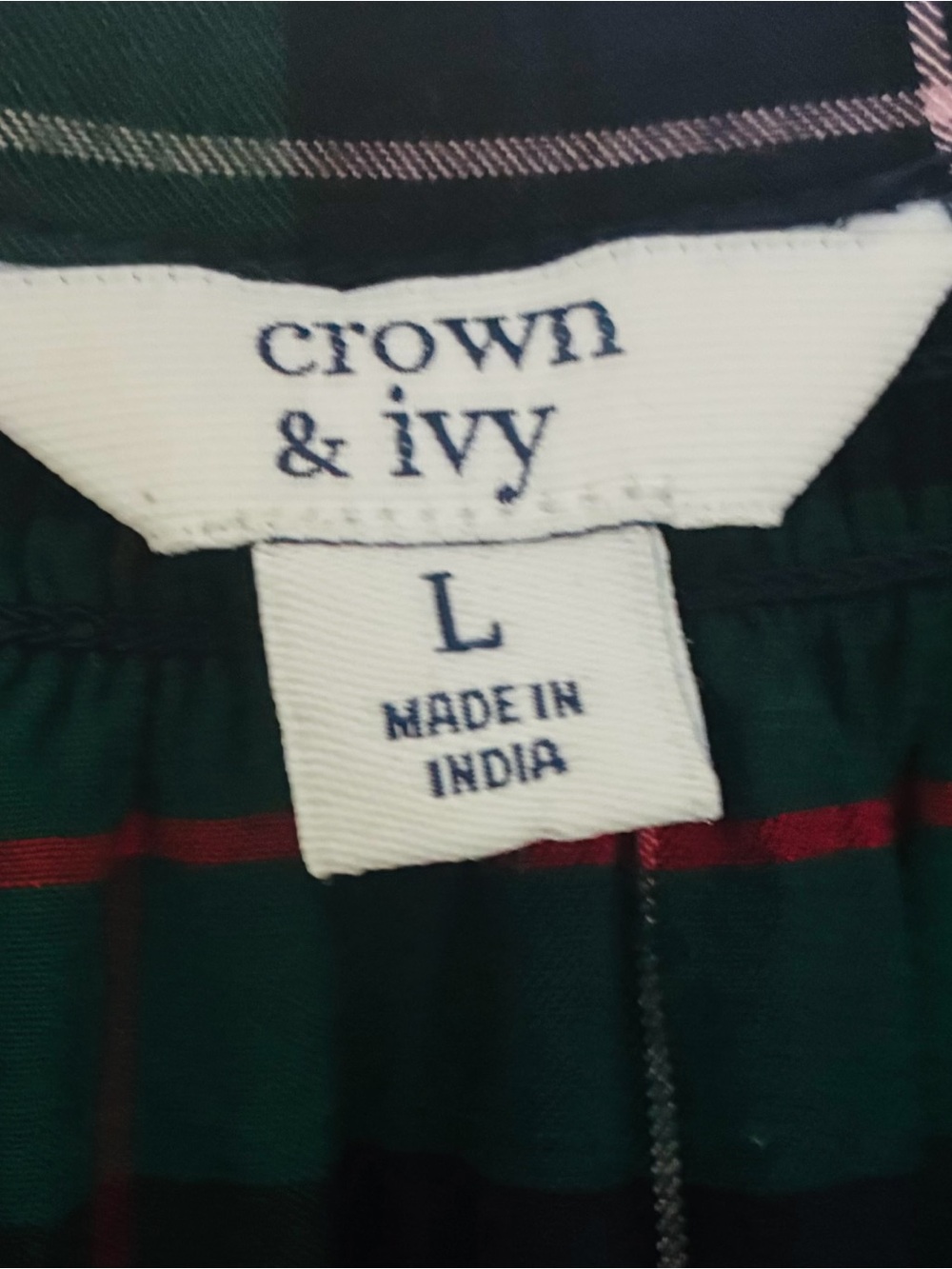 Crown & Ivy Sz LARGE Navy Green Tartan Plaid Split-Neck Popover Blouse Top - Picture 4 of 7